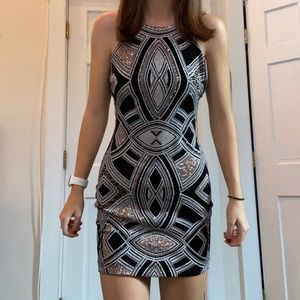 black white and rose gold sequence dress